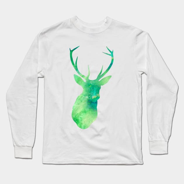 Green Deer Watercolor Portrait Long Sleeve T-Shirt by Miao Miao Design